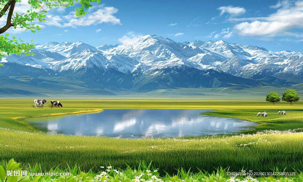 蓝天白云雪山大草原