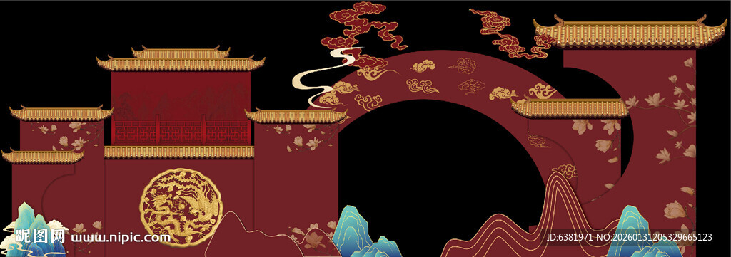 中式酒红色国潮婚礼背景舞台