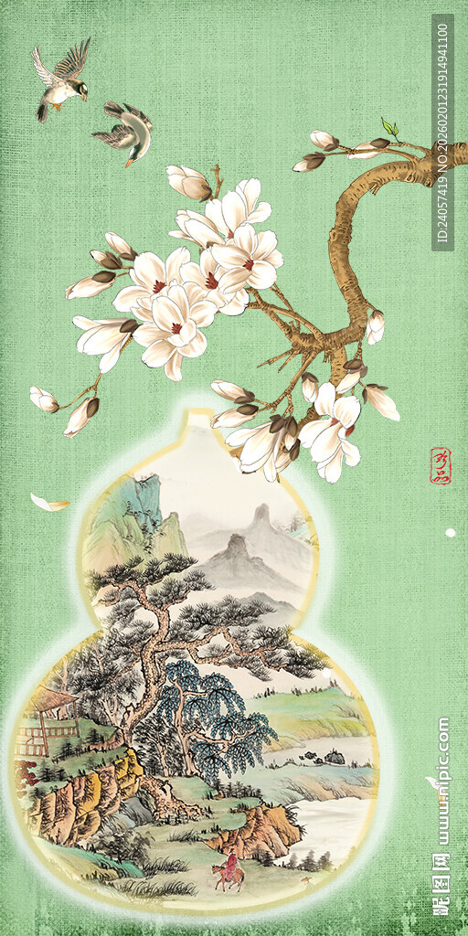 古典玉兰工笔花鸟花瓶国画山水