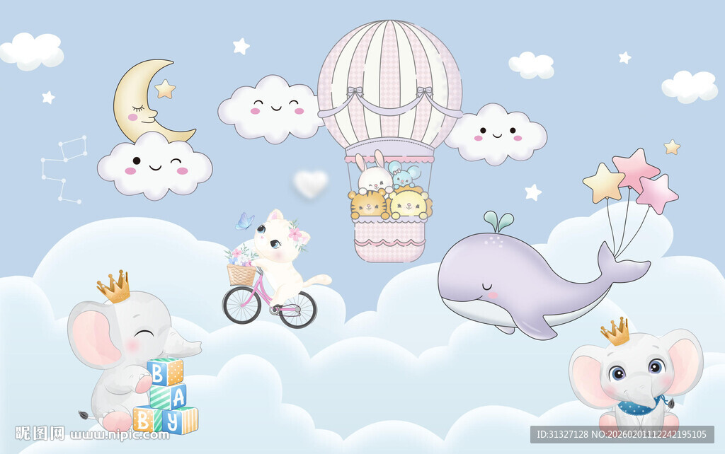 卡通动物月亮云朵儿童背景墙图片