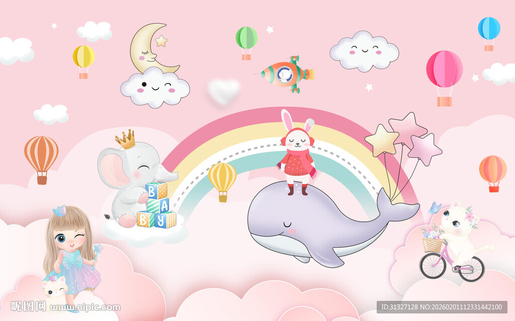 卡通动物月亮云朵儿童背景墙图片