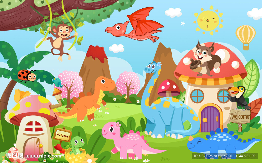 卡通恐龙儿童房背景图片