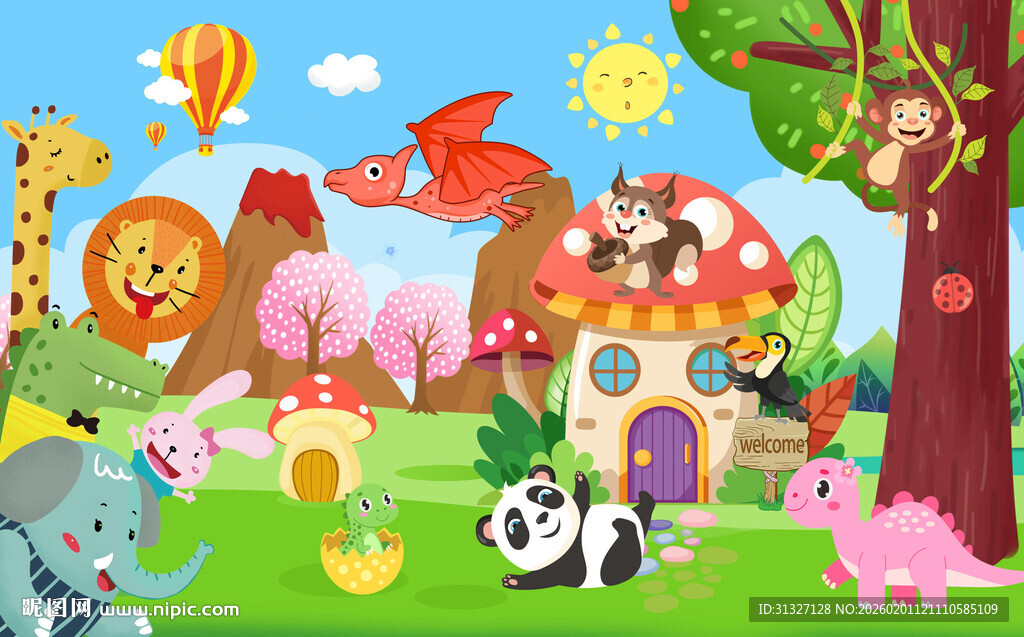卡通童话动物乐园插画图片