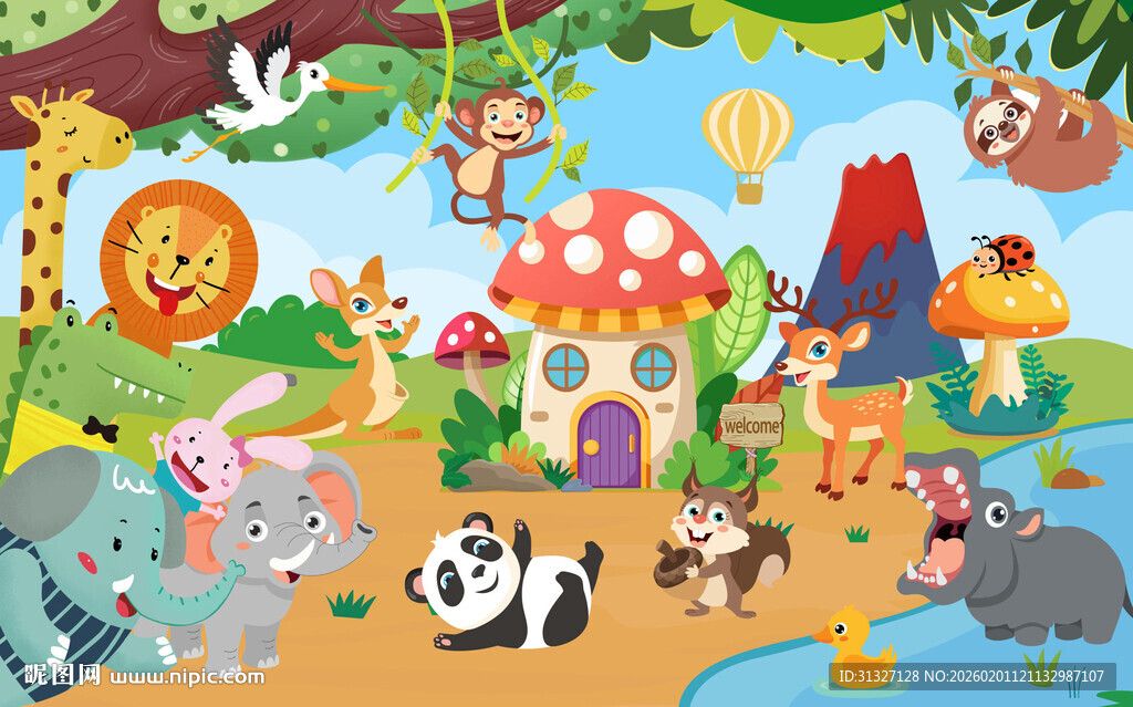 卡通动物合集背景墙图片