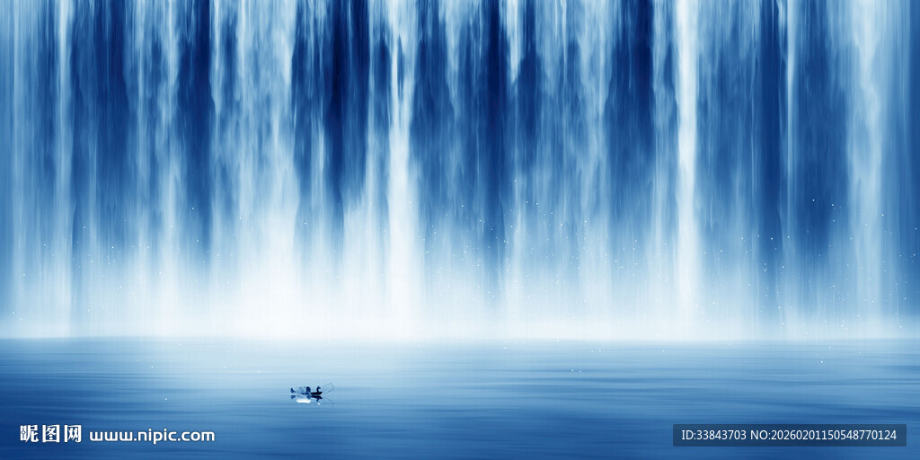 高清蓝色瀑布山水画