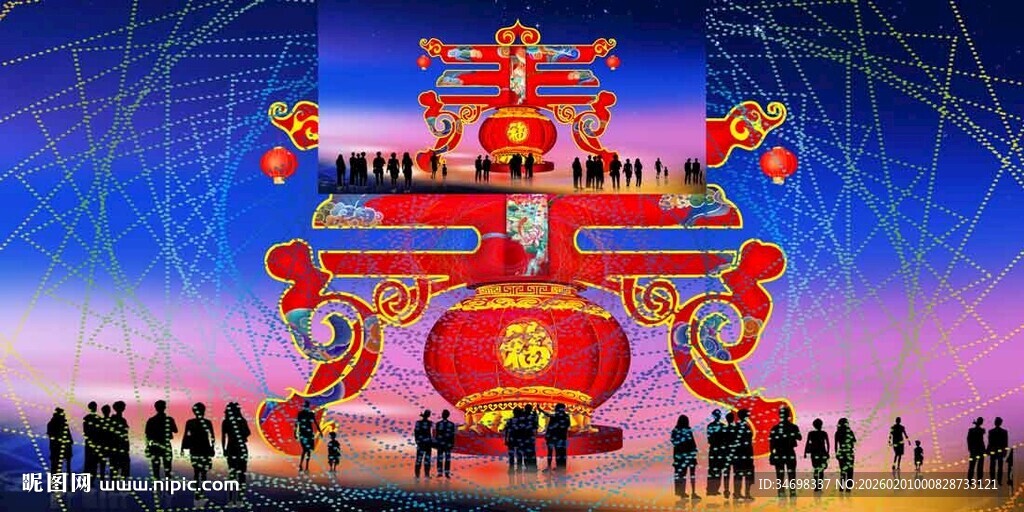大型中式彩灯前的人群