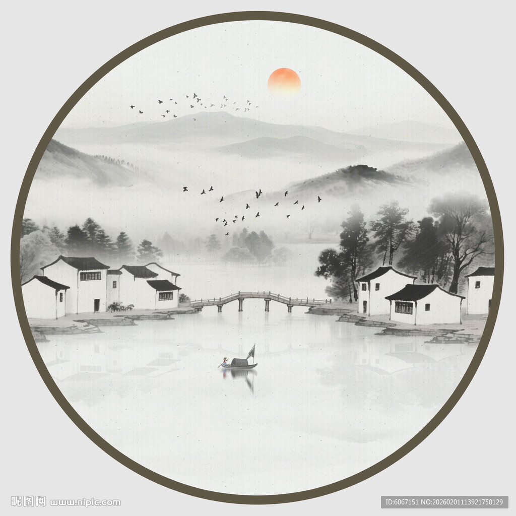 圆形山水画挂画