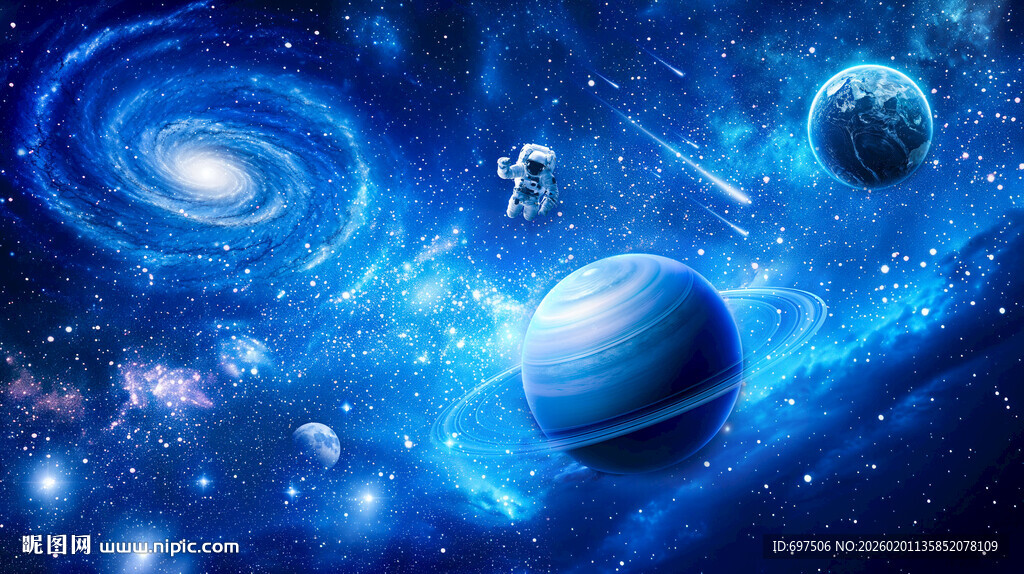 蓝色星空宇宙星球太空宇航员背景