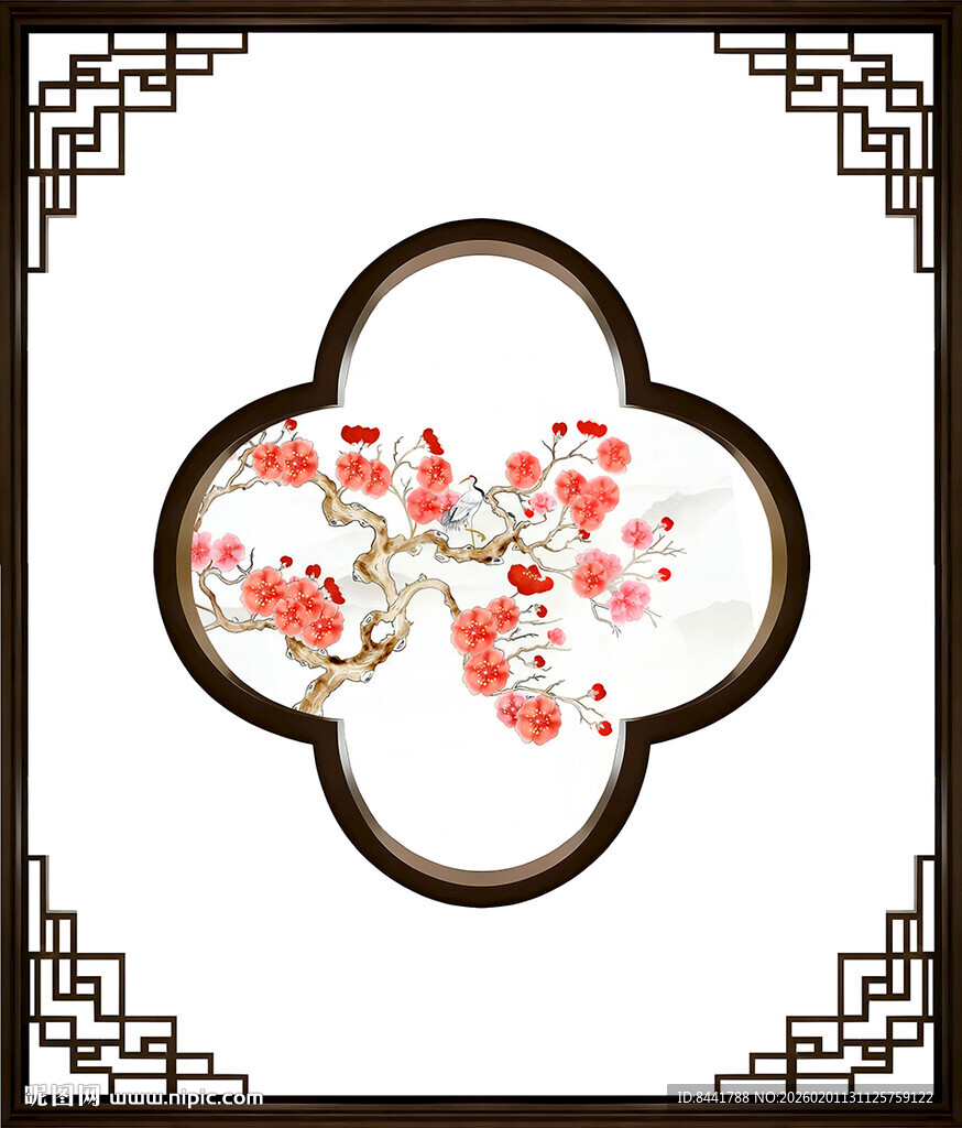 中式窗棂中的红梅景致