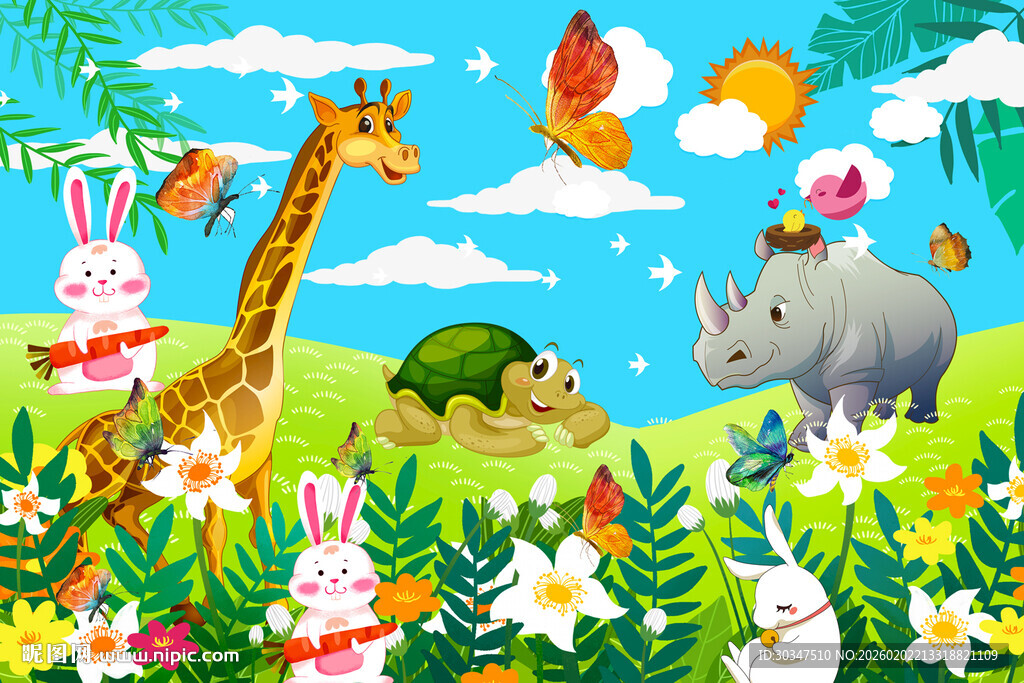 幼儿园儿童房卡通动物背景墙