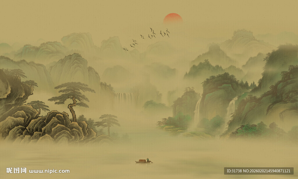 中国风千里江山背景壁画