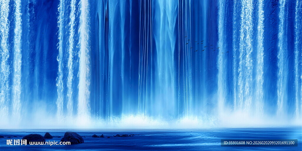 蓝色瀑布山水画