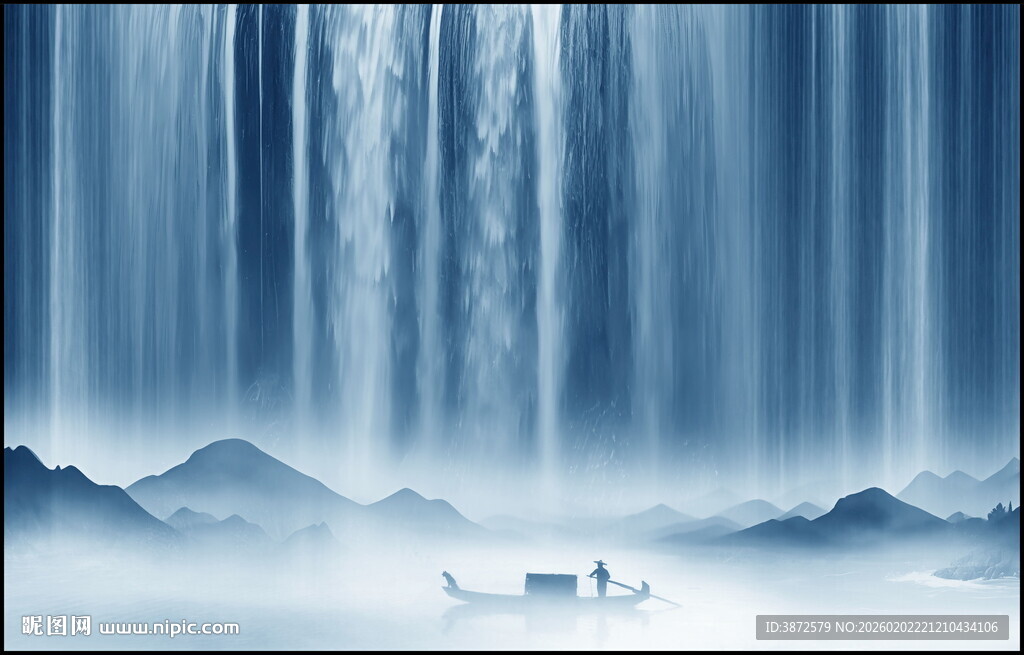 招财瀑布山水画