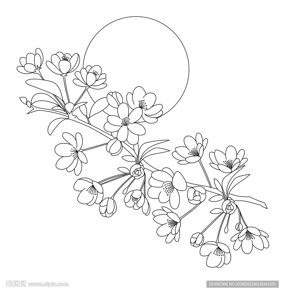 手绘花卉枝蔓线条图案 矢量图