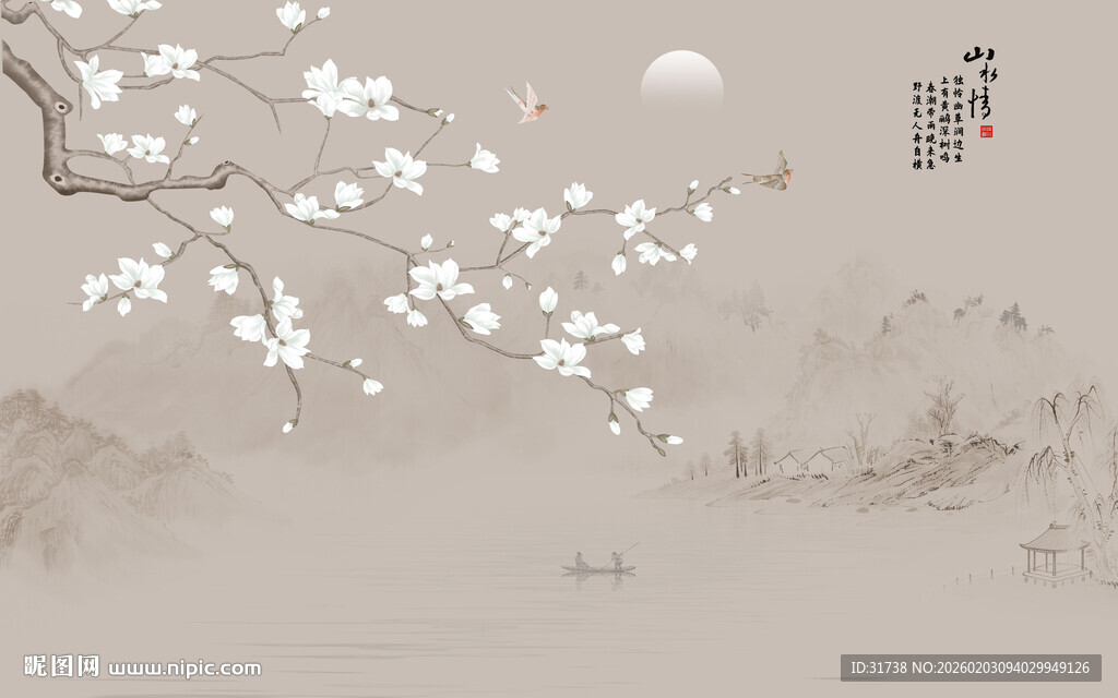 新中式工笔花鸟画背景墙