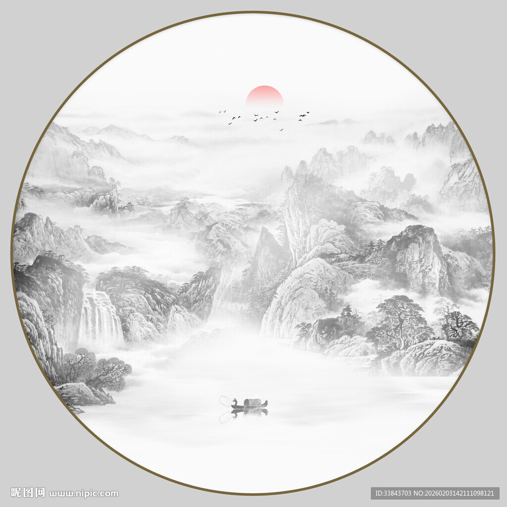 圆形山水水墨画
