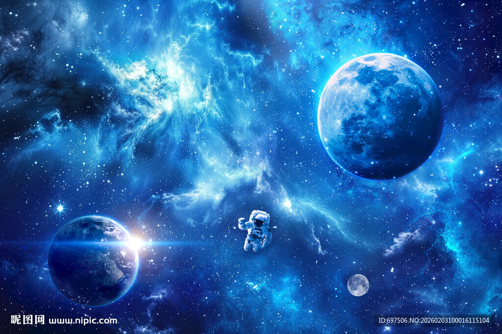 蓝色宇宙星空太空宇航员星球背景