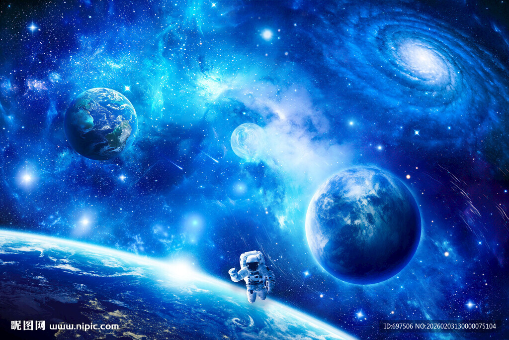 蓝色宇宙星空太空星球宇航员背景