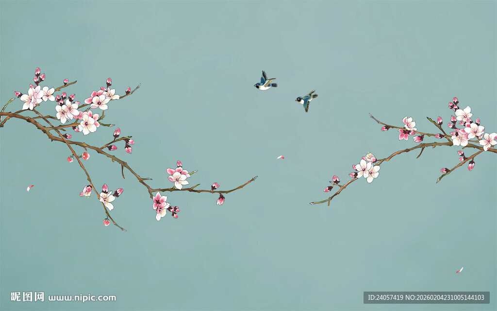 新中式海棠工笔花鸟背景墙装饰画