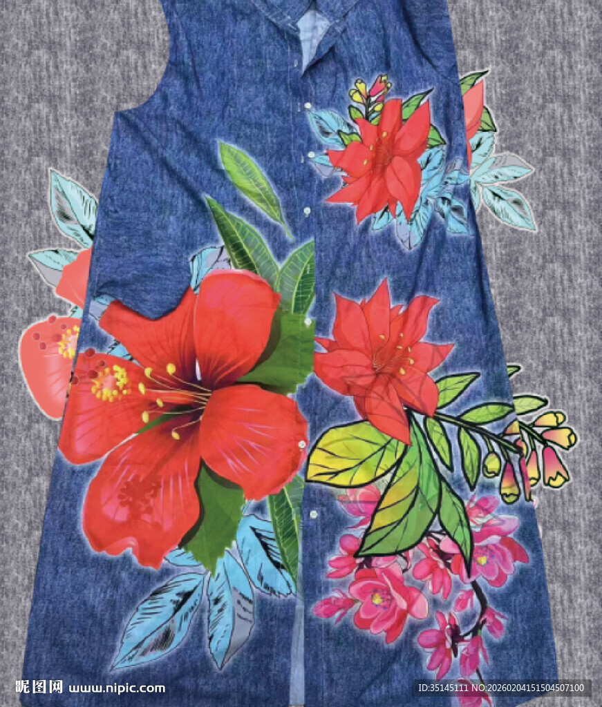 花卉图案牛仔连衣裙