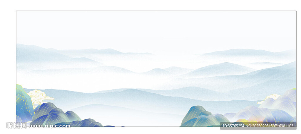 山水画背景假山国潮风水墨画展板