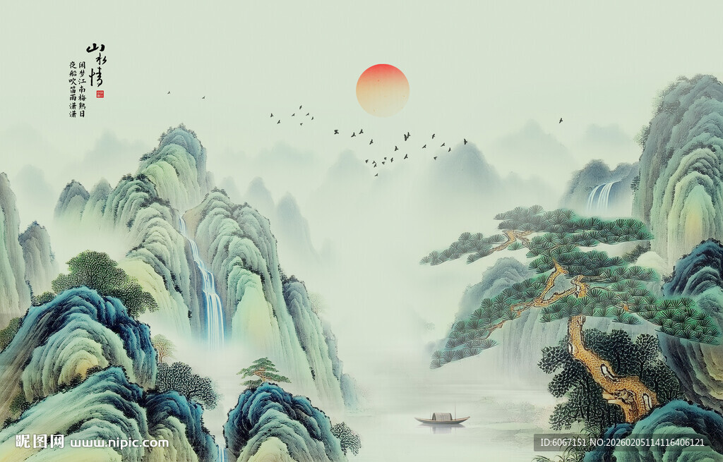 中国风千里江山背景壁画