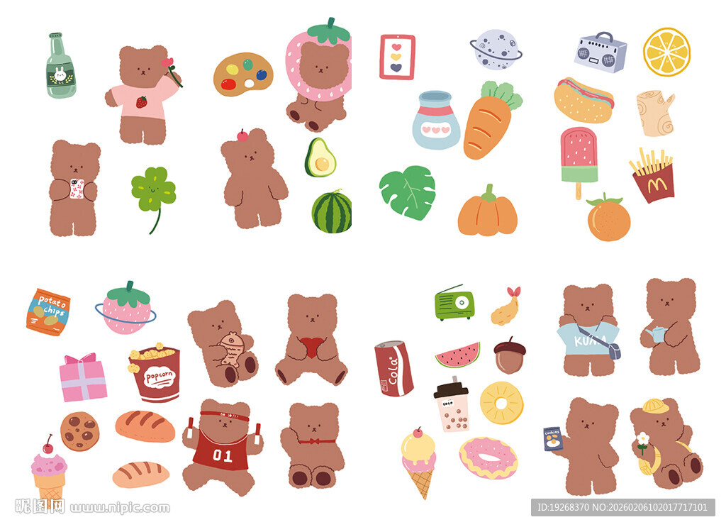 可爱小熊与多彩食物图标
