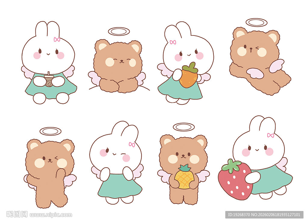 可爱小兔小熊天使插画