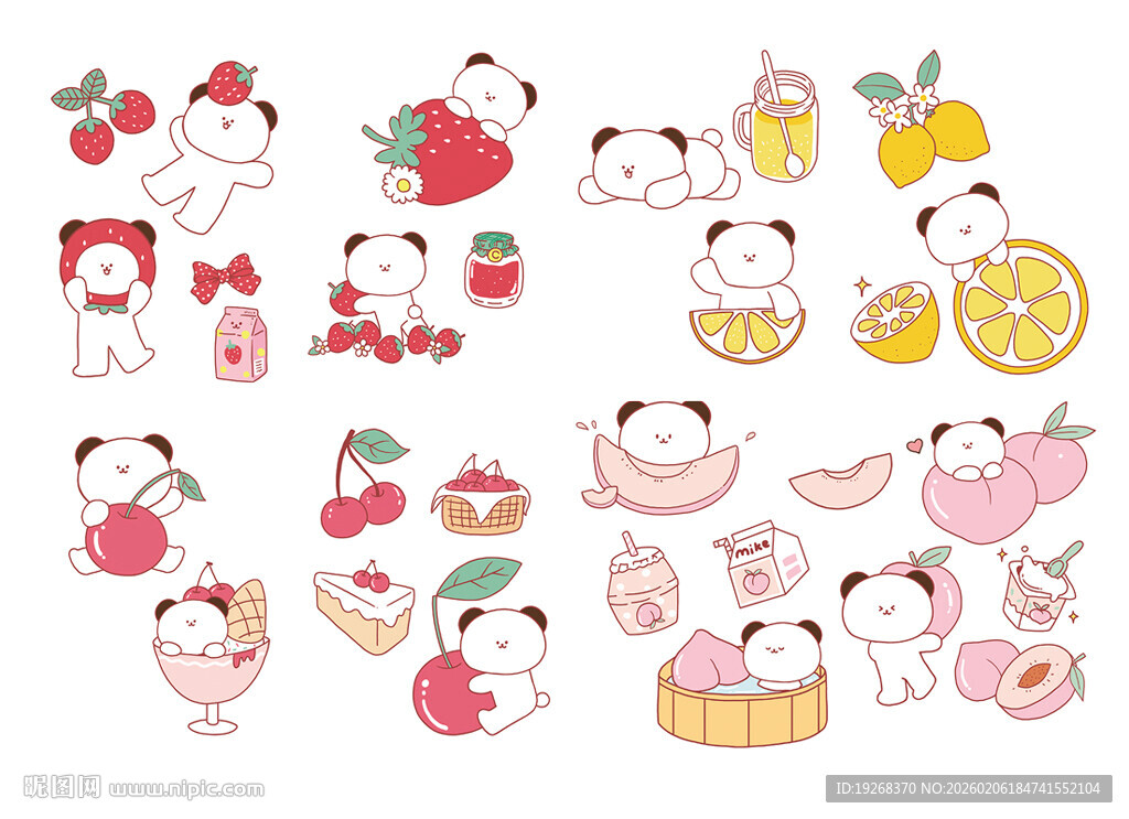 可爱萌趣小动物水果插画
