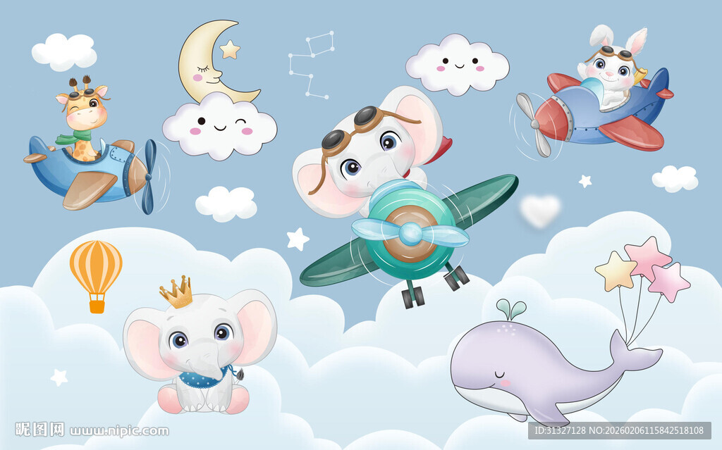 卡通飞机宇航员儿童背景墙图片