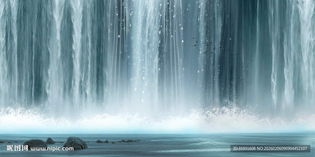 高山流水瀑布山水画