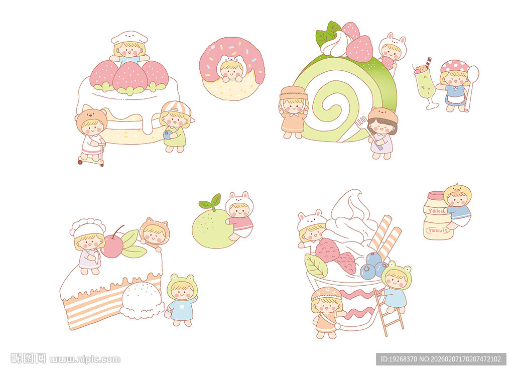 可爱卡通甜点与人物插画