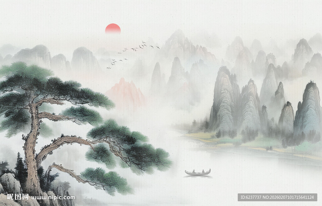 新中式迎客松背景墙