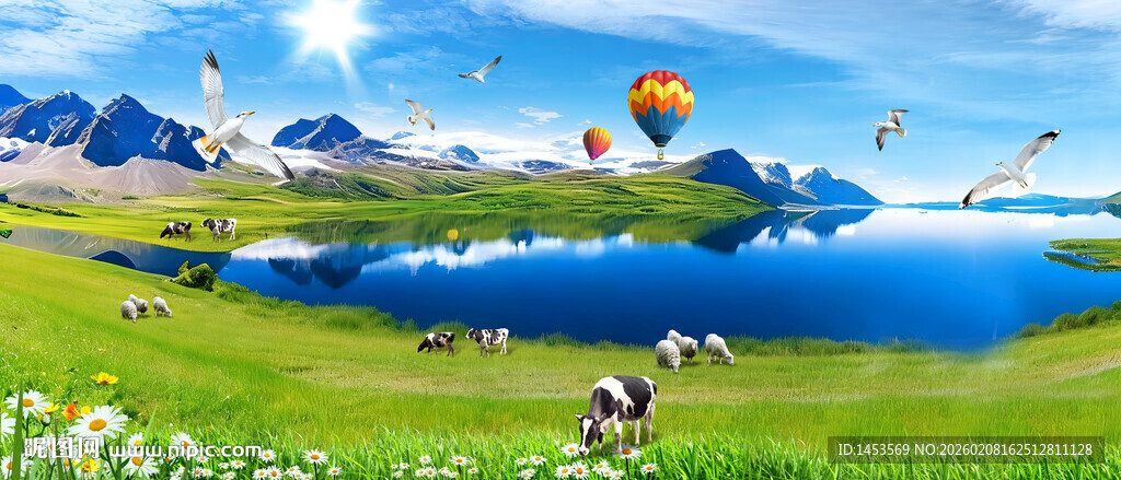 蓝天白云湖泊草原