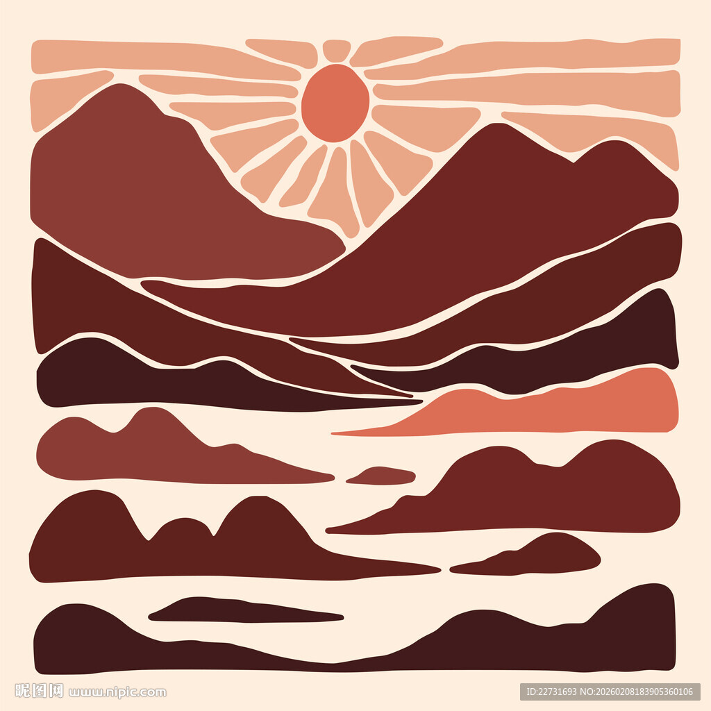 抽象山脉与日出艺术画