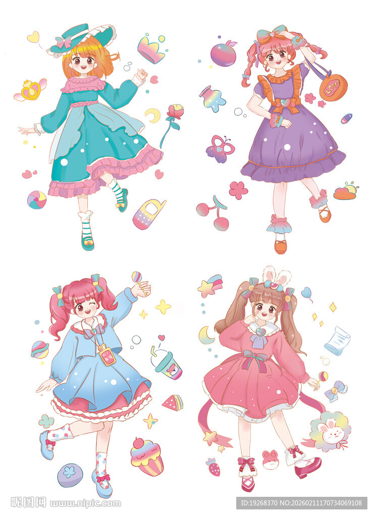 可爱卡通女孩贴纸图案