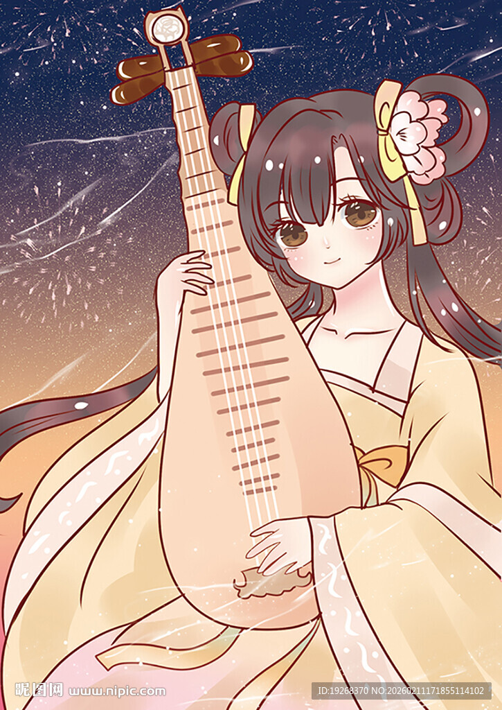 古风少女抱琵琶赏夜景