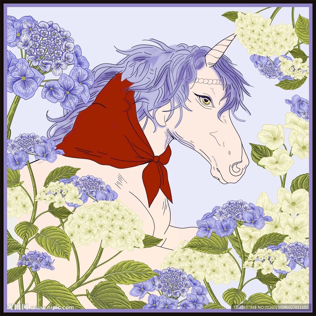 花丛中的戴红围巾白马