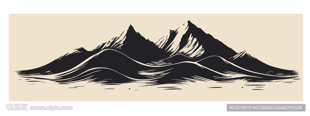 手绘山黑白山峦插画