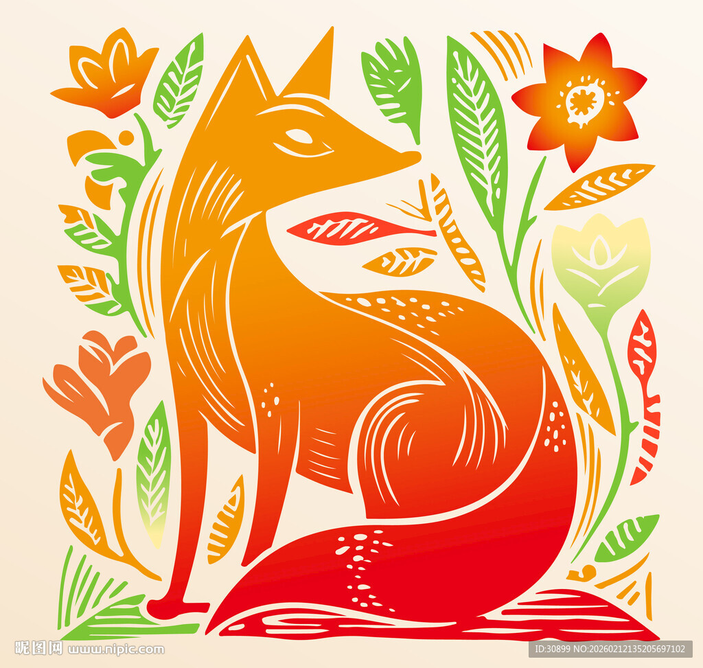 插画中的多彩狐狸与花卉