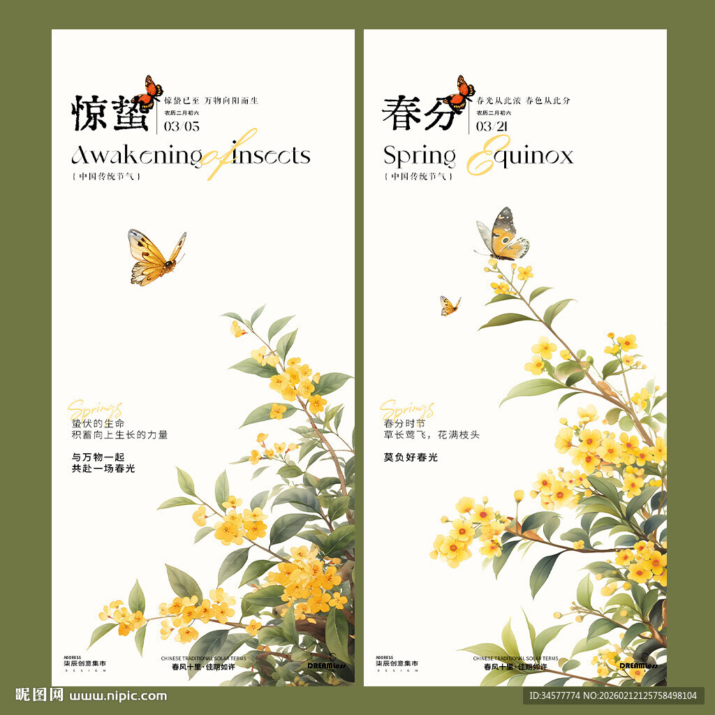 春日惊蛰春分节花卉蝴蝶插画海报