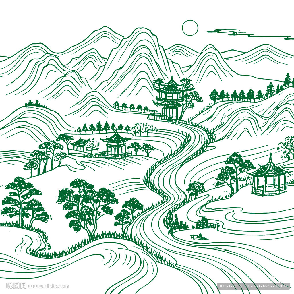 水墨风乡村山水线条画