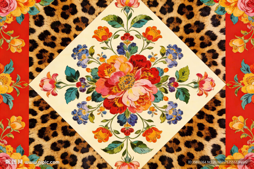 多彩花卉豹纹拼接图案