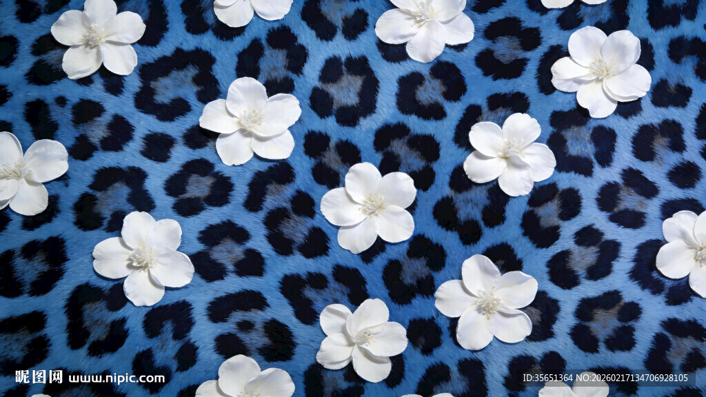 蓝底豹纹配白花图案