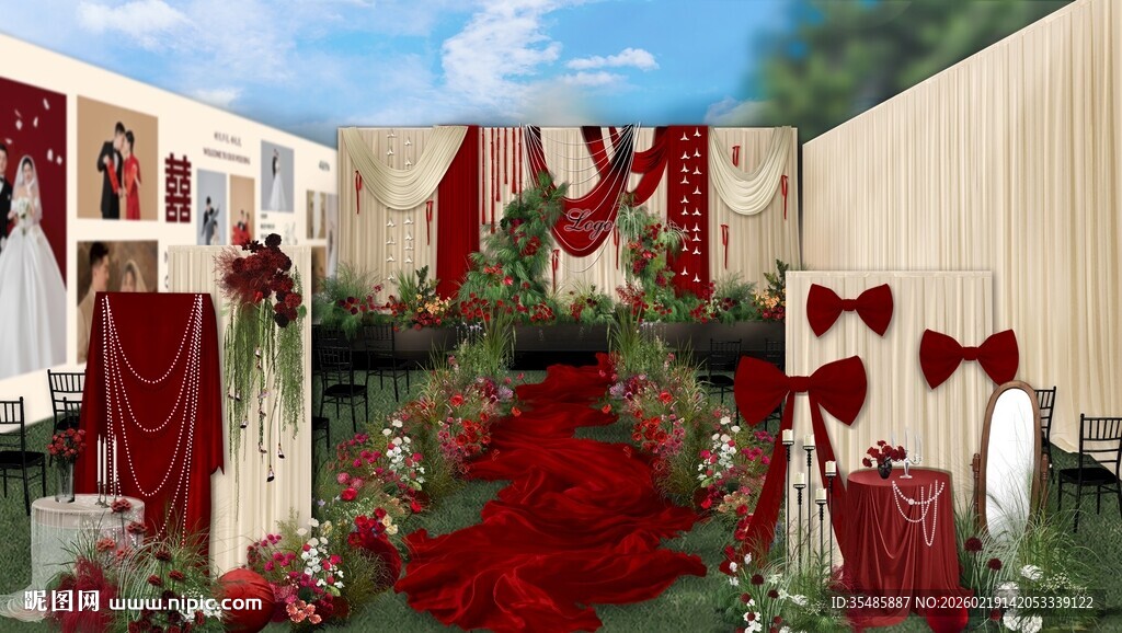 浪漫红白色系婚礼布置场景
