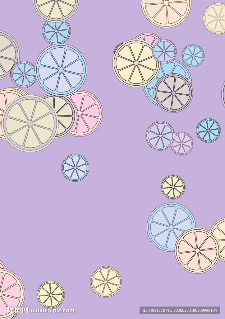 紫色背景多彩几何柠檬片图案