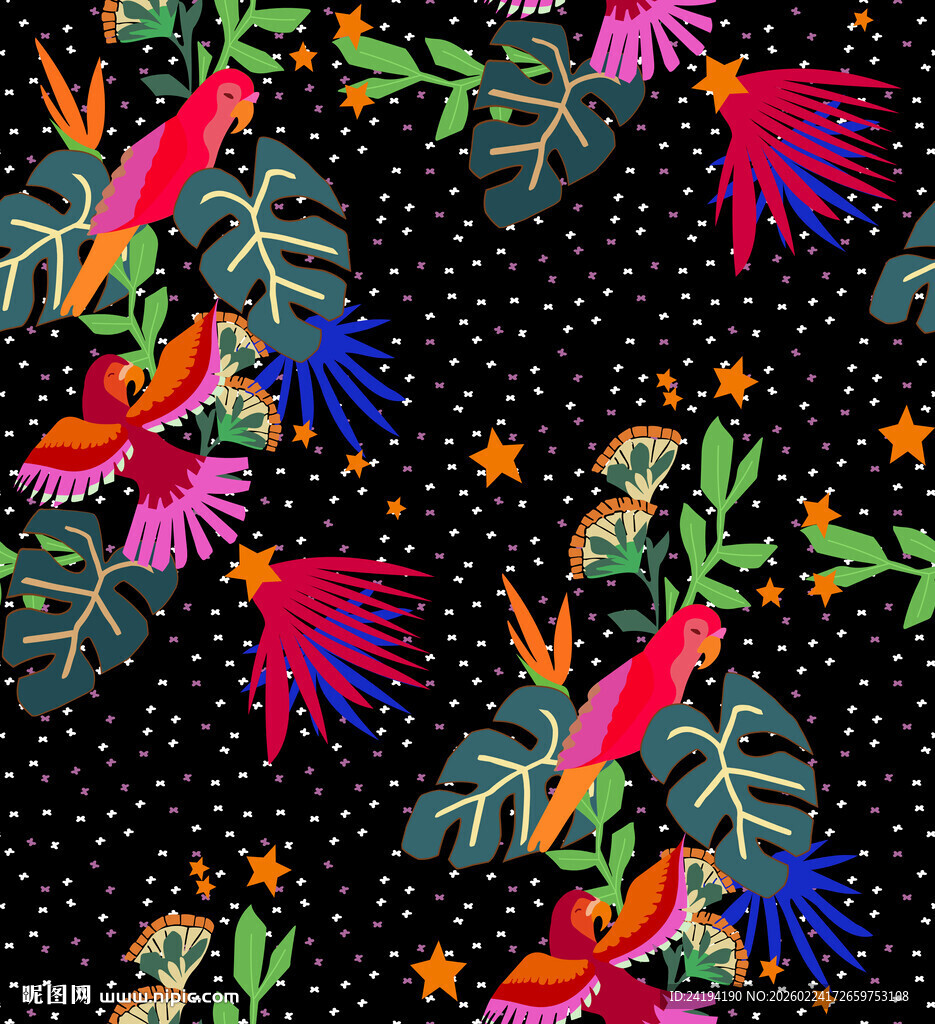 热带鹦鹉花卉图案背景