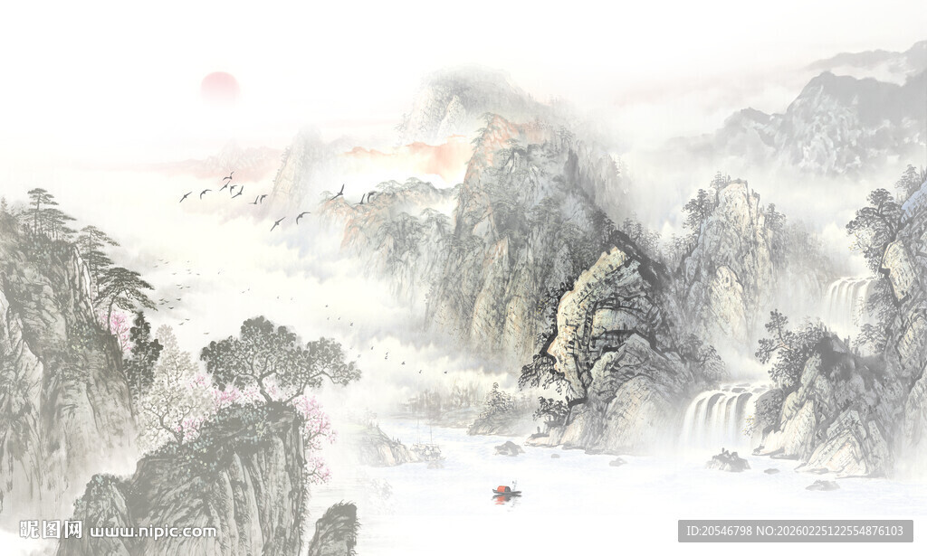 新中式古风水墨山水画背景墙