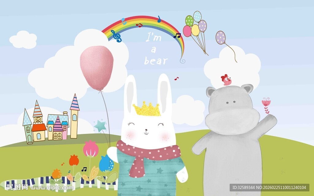 卡通动物的梦幻草地场景