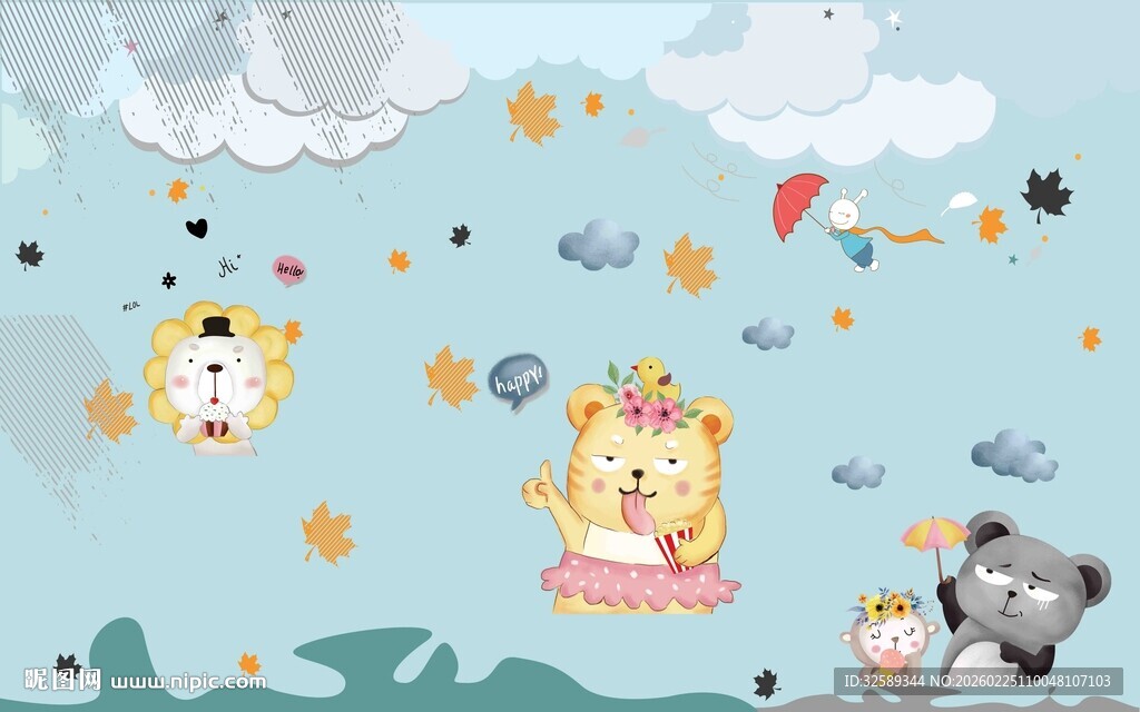 卡通动物的梦幻欢乐场景